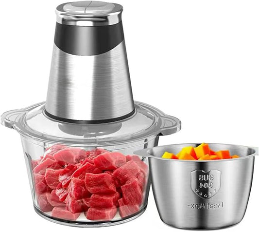 MEGAWISE Electric Food Chopper 800W, Dual-Speed Meat Grinder with1.2L 304# Stainless Steel Bowl & 2.2L Glass Bowl, BPA-Free Food Processor for Meat, Vegetables, and Nuts