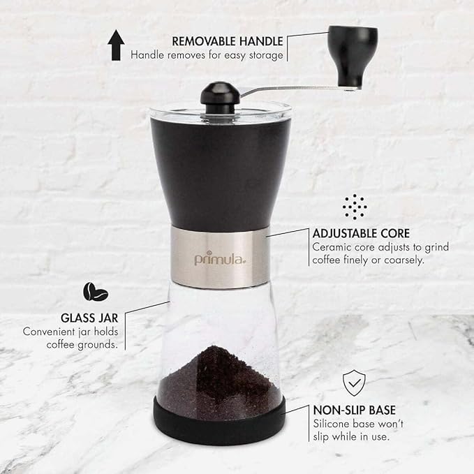 Primula Manual Adjustable Burr Coffee Grinder - Ceramic Mill & Brushed Stainless Steel Body - Whole Bean for French Press, Cold Brew, Espresso, Camping, And More