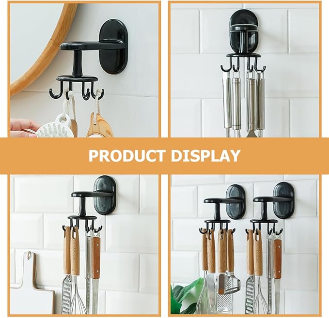 OUNONA Rotatable 8-Claw Adhesive Wall-Mounted Utensil Hook Black, Non-Punch Kitchen and Bathroom Hanging Organizer for Cooking Tools and Storage
