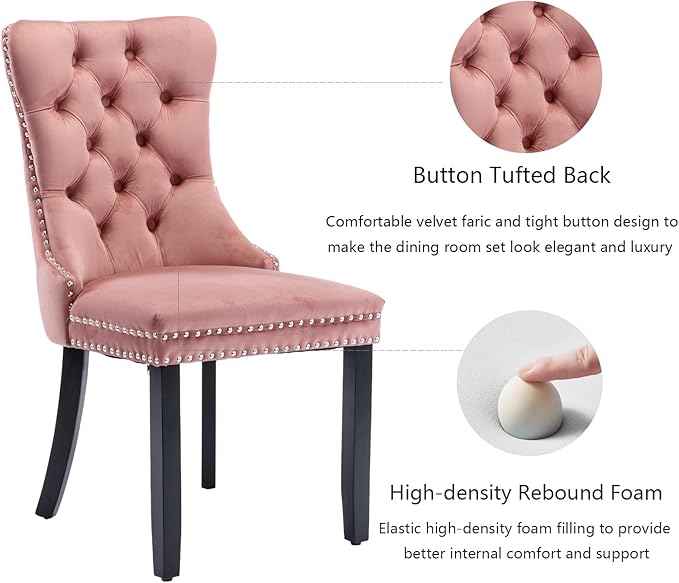 Pink Velvet Dining Chairs Set of 4, Upholstered Dining Room Chairs with Back Ring Pull Trim and Solid Wood Legs, Tufted Wingback Kitchen Chairs for Dining Room,Living Room,Kitchen(Pink)