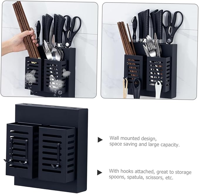 Stainless Steel Kitchen Cutlery Holder Wall Mounted Utensil Shelf with Hooks Multifunctional Storage Rack for Kitchen Utensils and Knives Black
