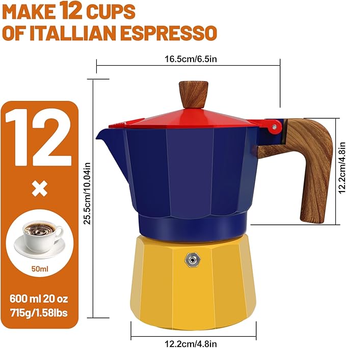 12 Cup Aluminum Espresso Stovetop Moka Pot Express Coffee Maker Percolator Italian Classic Mocha Coffee Machine for Italian and Cuban Cafe Brewing for Home & Camping 600ml 20oz