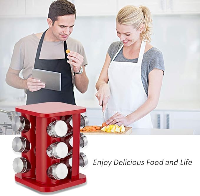 Rotating Spice Rack Organizer with 12 Jars - Revolving Standing Seasoning Tower with 12 Glass Bottles for Countertop Kitchen Cabinet, Stainless Steel, Silver