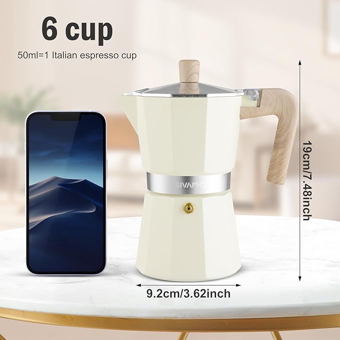 Sivaphe Aluminum Moka Pot 6 Espresso Cups, Percolator Espresso and Coffee Maker, Portable Stovetop Italian and Cuban Café Brewer for Home and Camping White