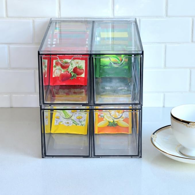 Youngever 4 Pack Plastic Tea Packet Organizers, Stackable Tea Bag Drawers, Clear Tea Bag Drawer Organizers (6" x 9" x 3.5")