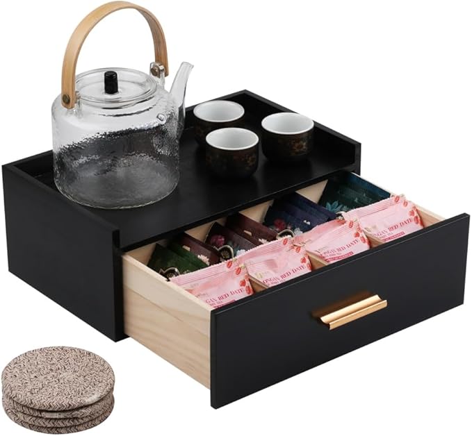 Tea Organizers and Storage Box Tea Station organizer for Countertop with 4 Cotton Woven Coasters Pine Wood Tea Bag Organizer Drawer Teabag Holder with 8 Compartments Wooden Sugar Packet Holder（Black）