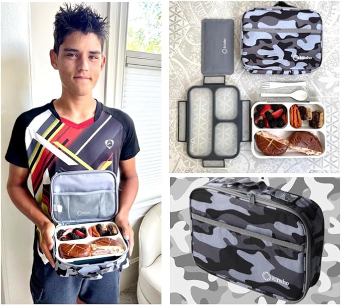 kinsho Camo Lunch Boxes for Boys Teens Adults - Bento Box Set with Insulated Bag and Ice Pack, 3 Compartment Leak Proof Food Container, BPA-Free, Microwave Safe, Ideal for School & Work, Black Gray