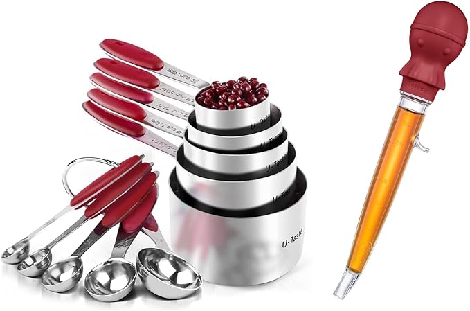 U-Taste 18/8 Stainless Steel Measuring Cups and Spoons Set of 10 Piece, Upgraded Thickness Handle and 1.5oz Heat Resistant Angled Turkey Baster with Cleaning Brush for Cooking Basting (Red)
