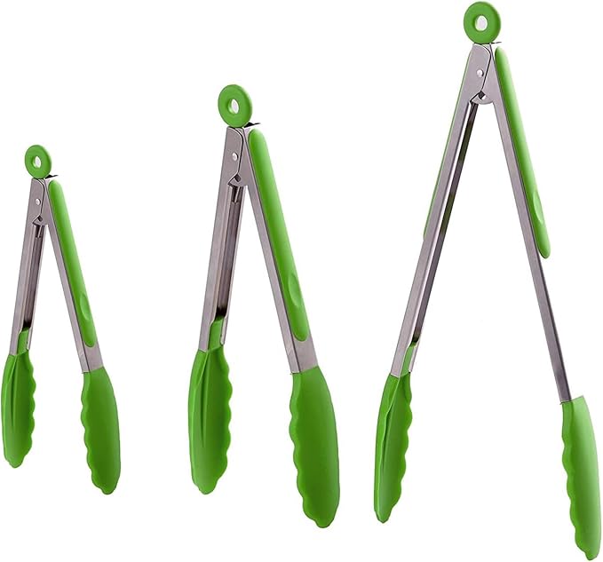 Kitchen Tongs with Silicone Tips,Tongs for Cooking Heat Resistant 600 Degrees Stainless Steel Locking Tongs,Grass Green Set of 3-7", 9" and 12"