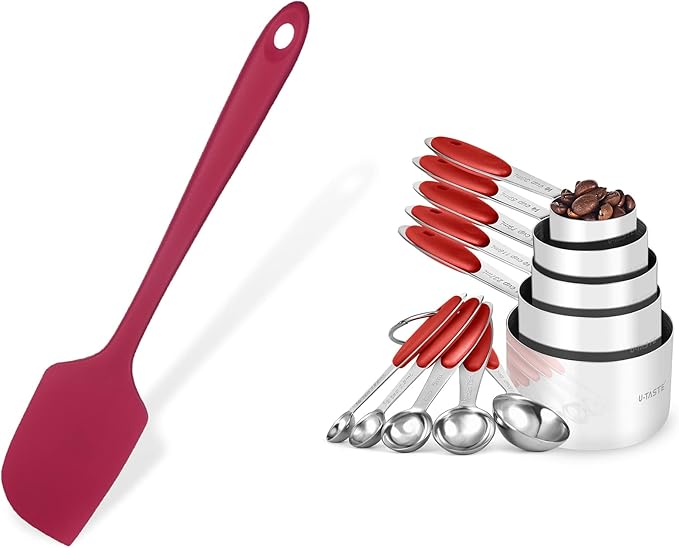 U-Taste 14in Extra Large Flexible Silicone Spatula with 600ºF Heat Resistance, and Upgraded Measuring Cups and Spoons Set of 10 with Reinforced Welded Handle (Red)