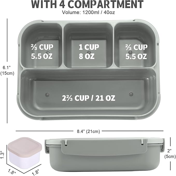 Bento Box Adult Lunch Box, Lunch Containers for Kids Girls Boys with 4 Compartments, Lunchable Food Container with Utensils, Sauce Jar, Muffin Liners, 40 Oz/5 Cup, Microwave & Dishwasher Safe, Gray