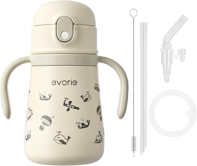 Evorie 11oz Leak Proof Vacuum Insulated Stainless Steel Sippy Cup for Toddlers (1 Pack, Travel in Space) + Replacement Straw Set Bundle