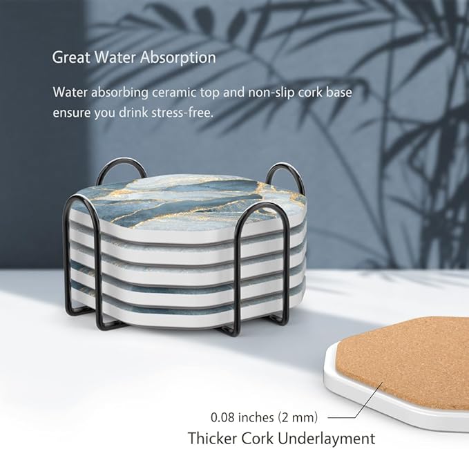 UMIRRO Ceramic Stone Coasters for Drinks Absorbent with Holder for Wooden Coffee Table, Stoneware Cup Coasters for Iced Cold or Hot Drinks, Navy Blue Marble Style, Gold, 4" Set of 6