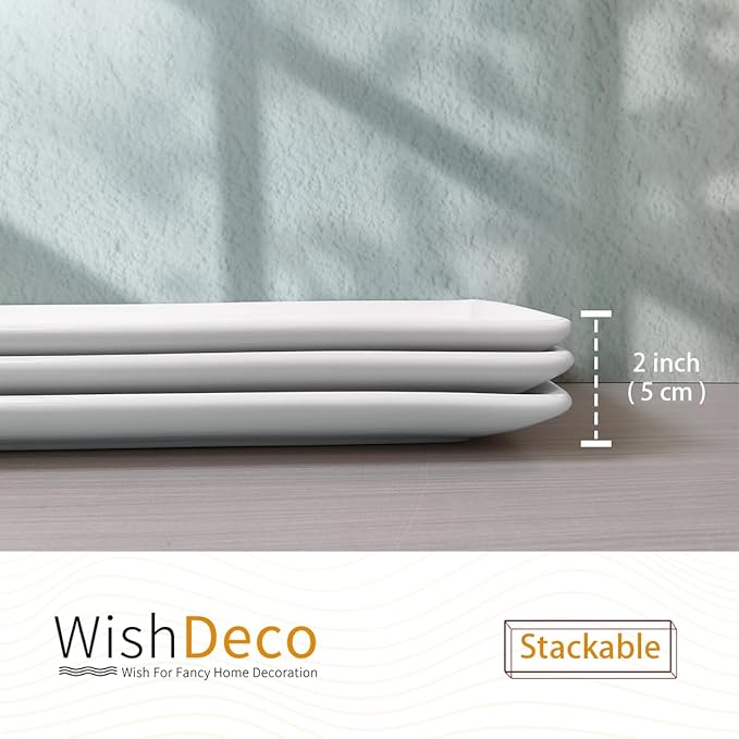 WishDeco Serving Platters Set of 3, Large Serving Trays 14 inch, White Serving Plates, Ceramic Rectangle Plate, Long Platter for Cake, Sushi, Steak, Dessert, Buffet