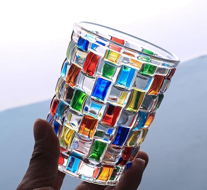 Colorful Drinking Glasses, Hand Painted Colored Water Glasses, Multicolor Water Glasse,Whiskey Wineglass Glasses,Tumbler Glasses (Weave)