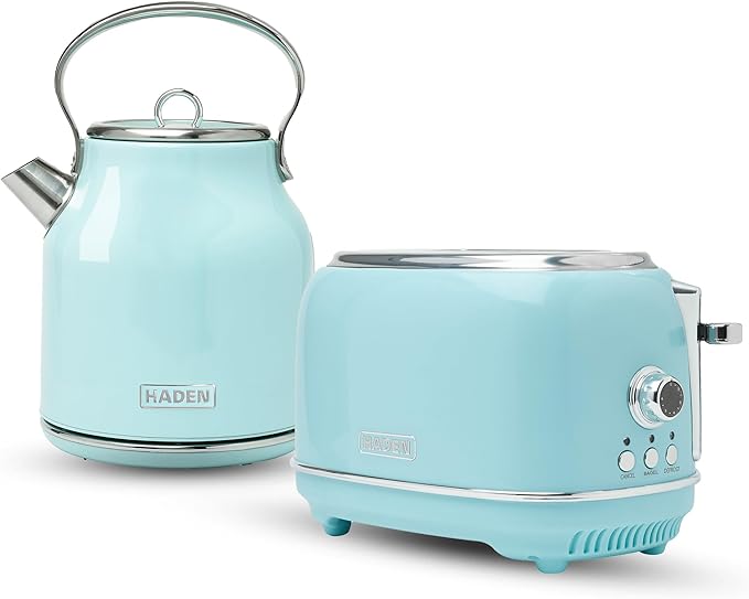 Haden Heritage 1.7 Liter Stainless Steel Electric Tea Kettle with Heritage 2 Slice Wide Slot Stainless Steel Bread Toaster, Turquoise