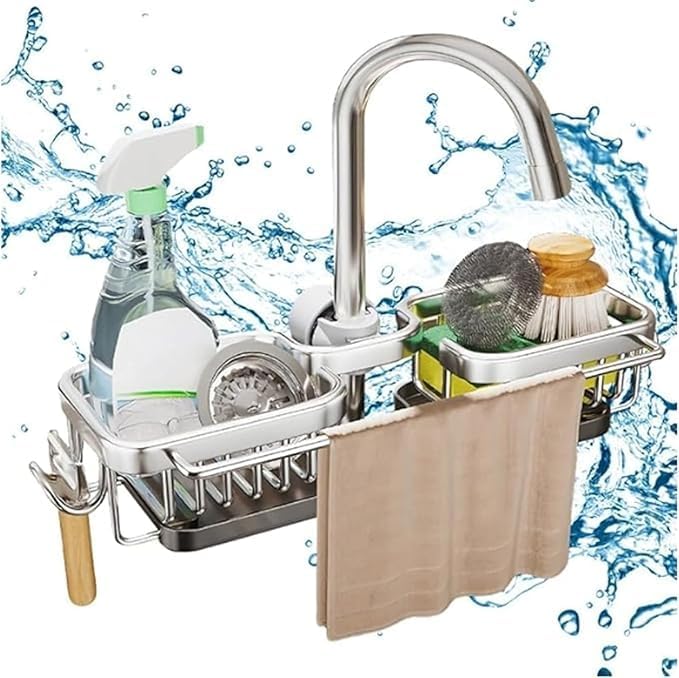 Sink Faucet Organizer Sponge Holder, Over Faucet Sink for 0.7-1.1" Round Water Pipe, Rustproof Caddy Rack, Adjustable Storage Shelf for Kitchen, Bathroom (Either Side Silver)