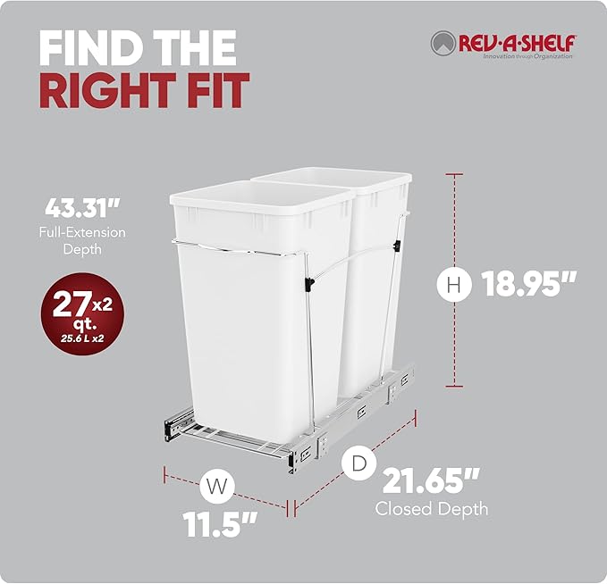 Rev-A-Shelf Pullout Trash Can for Under Kitchen Cabinets 27 Qt Garbage Waste Recycling Bin with Full Extension Slides, White, RV-15KD-11C S