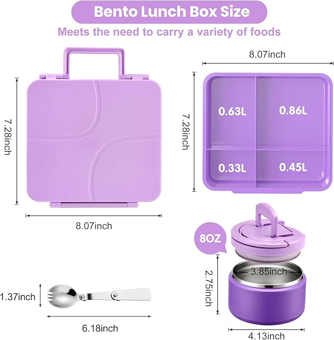 Bento Lunch Box for Kids with 8oz Soup Thermo,Kids Leakproof Lunch Food Containers with 4 Compartment,Kid Insulated Thermo Hot Food Jar for School,Trvael-Purple