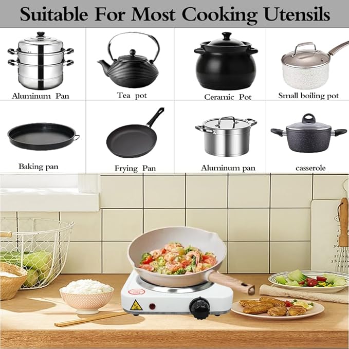 Compact and Portable Countertop Burner- Countertop Single Cast Iron Burner 1000 Watts Electric Hot Plate Temperature Controls White