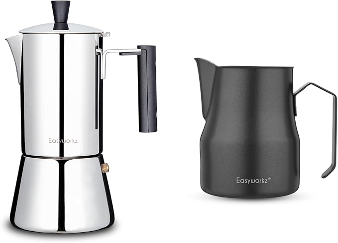Easyworkz Pedro Stovetop Espresso Maker 4Cup 200ml, Bundled Espresso Steaming Pitcher Stainless Steel 15 oz Coffee Frothing Picther Milk Jug Cappuccino Latte Art Cup