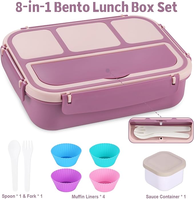 shell and turtle Bento Box Adult Lunch Box, Lunch Containers for Kids Girls Boys with 4 Compartments, Lunchable Food Container with Utensils, Sauce Jar, Muffin Liners, 40 Oz/5 Cup, Dark Purple