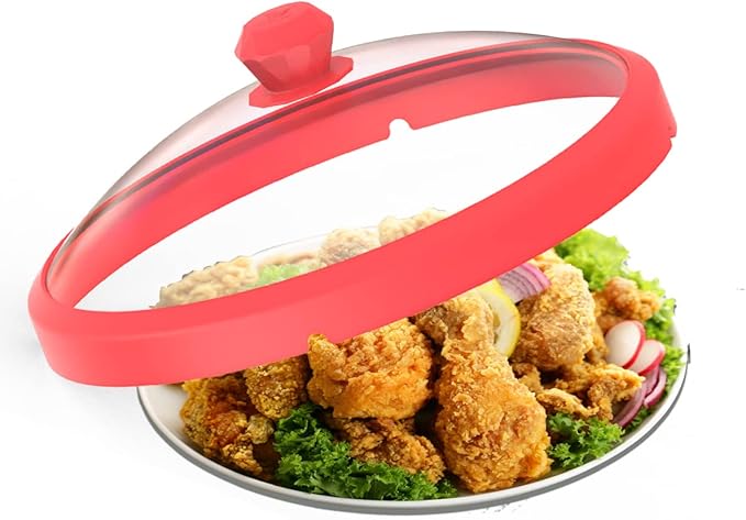 Microwave Glass Cover Splatter Guard Lid with Anti-scald Silicone Handles and Vented Edge for Food Pot Plate Cover 10.5 inch Red
