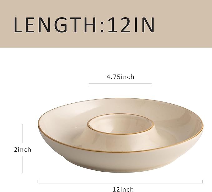LEHAHA Porcelain Chip and Dip tray, Set of 2,12 inch Ceramic Serving Tray, Divided Serving dip Platter, Porcelain dip bowl, salsa bowl, Microwave and Dishwasher Safe, Dark Cream