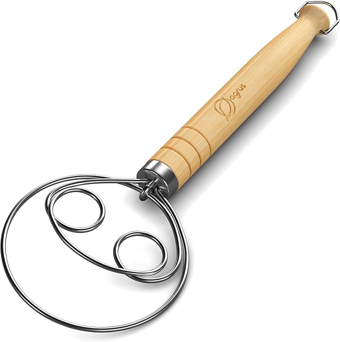 Danish Dough Whisk for Making Bread and Baking, Long Wooden Handle