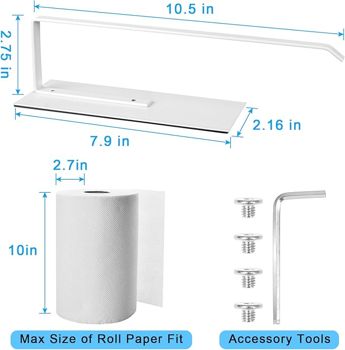 Paper Towel Holder Magnetic, Magnetic Paper Towel Holder for Fridge, Toilet Paper Roll Holder Magnet Towel Rack Wall Mount Shelf Bar for Towels Rolls Bathroom RV Dorm Kitchen Wall Decor, White 2 Pack