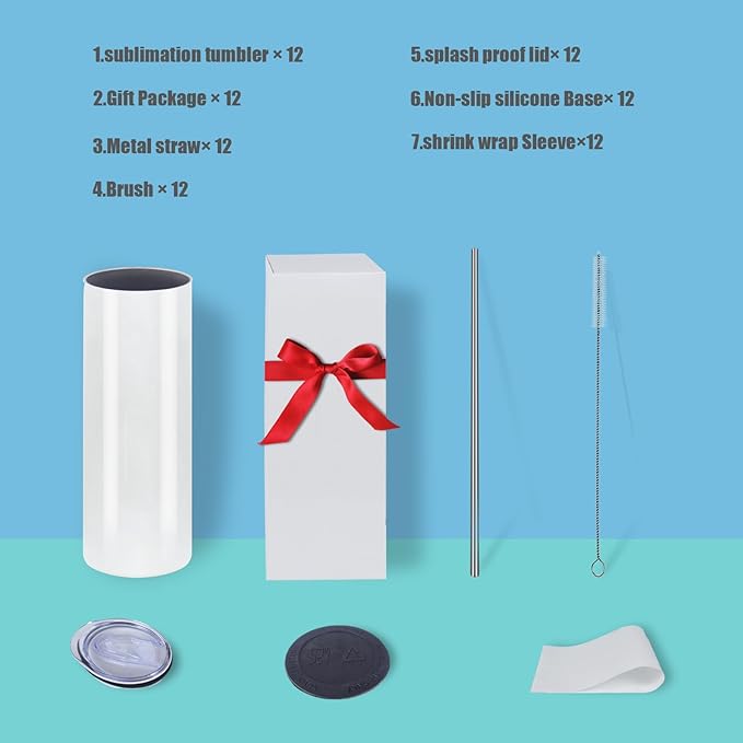 12 Pack 20oz Sublimation Tumblers Bulk With Flat Edge, 20OZ Flat Sublimation Tumbler Blank, Skinny Straight Stainless Steel Blanks Cups with Individual Box(12, 20OZ)