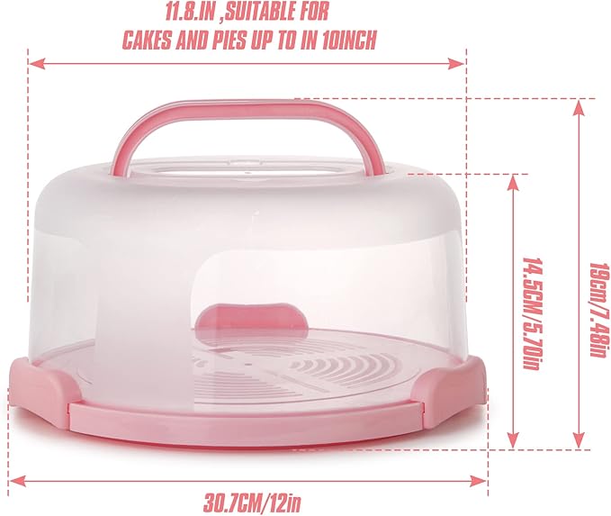 Zoofen Plastic Cake Carrier with Handle 10in Cake Holder Cake Stand with Lid Pink Cake Container for 10in Cake Round Cake Carrier for Transport