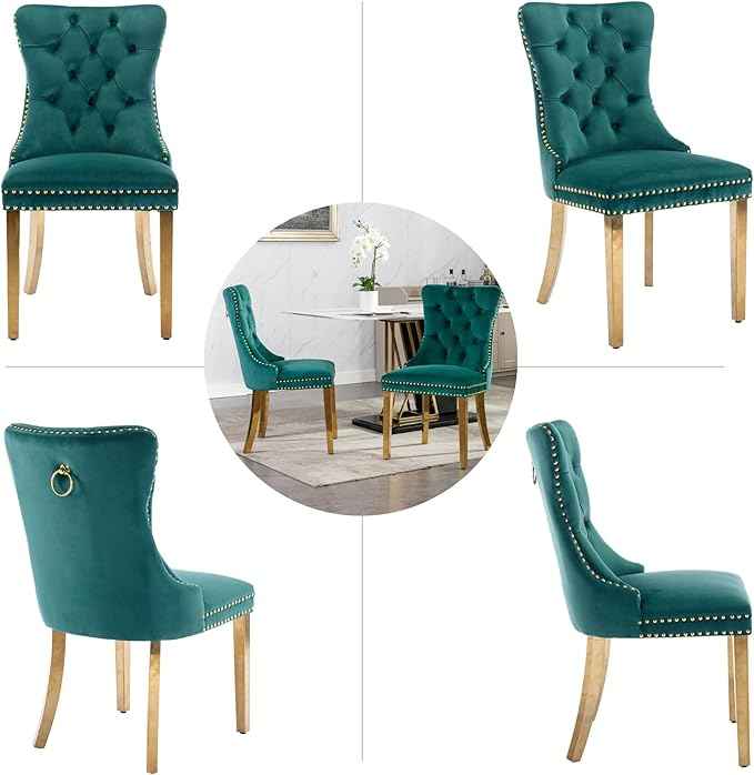 Velvet Dining Chairs Set of 6, Upholstered Dining Room Chairs with Back Ring Pull Trim and Golden Stainless Steel Legs,Modern Kitchen Chairs Perfect for Dining Room,Living Room,Kitchen(Green)