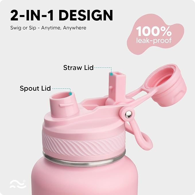 Swigina [2-IN-1 LID] Insulated Water Bottle with Silicone Boot (36hrs Cold/18hrs Hot) - DIY Stickers, Leakproof, BPA Free, 40 oz