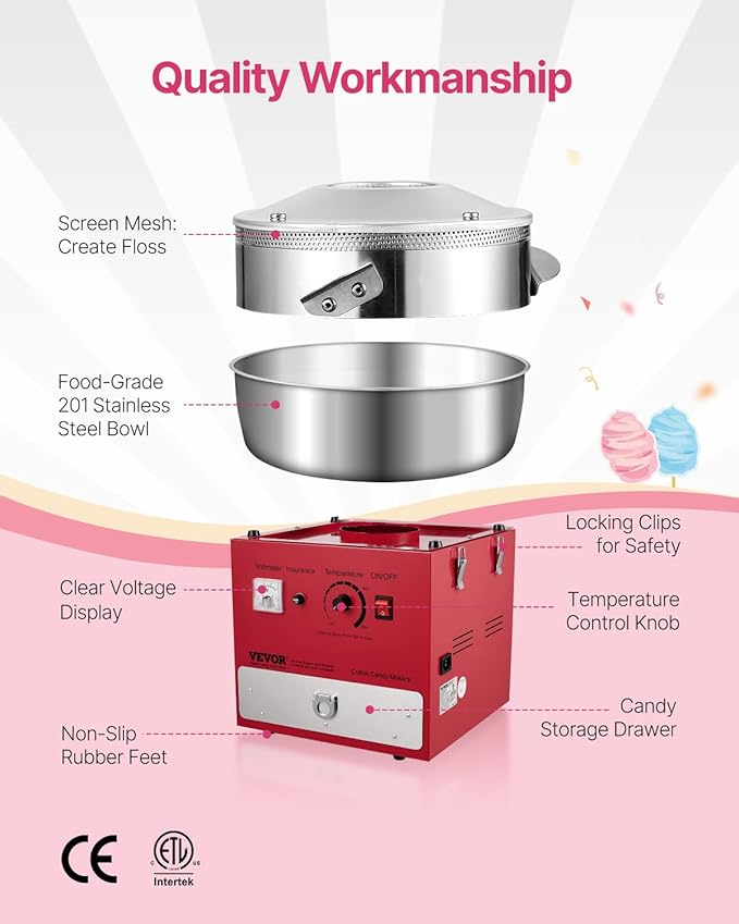 VEVOR Electric Cotton Candy Machine, 1000W Commercial Candy Floss Maker with 20.5 in Stainless Steel Bowl, Sugar Scoop, and Drawer, Easy Home Use, Perfect for Kids Birthday, Family Party, Red