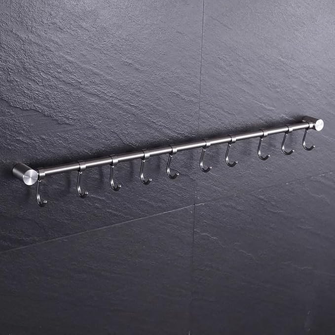 Premium Stainless Steel Kitchen Tool Utensil Organizer Bar Rack with Movable Hooks for Pan Pot Spoon Towel (Transitional, 10 Hooks)