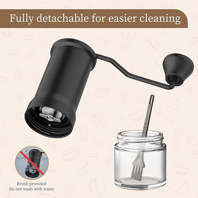 Stainless Steel Burr Hand Coffee Grinder by ELMWAY - Durable Manual Coffee Grinder with Glass Jar, Adjustable Grind Setting, Portable for Travel & Home, Gifts for Coffee Lovers - Black