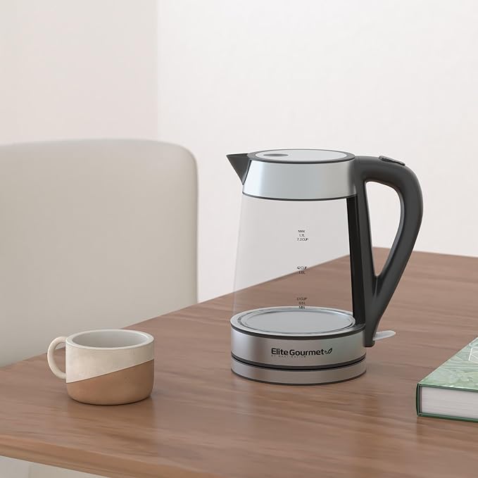 Elite Gourmet EKT-602 Electric BPA-Free Glass Kettle, Cordless 360° Base, Stylish Blue LED Interior, Handy Auto Shut-Off Function – Quickly Boil Water For Tea & More