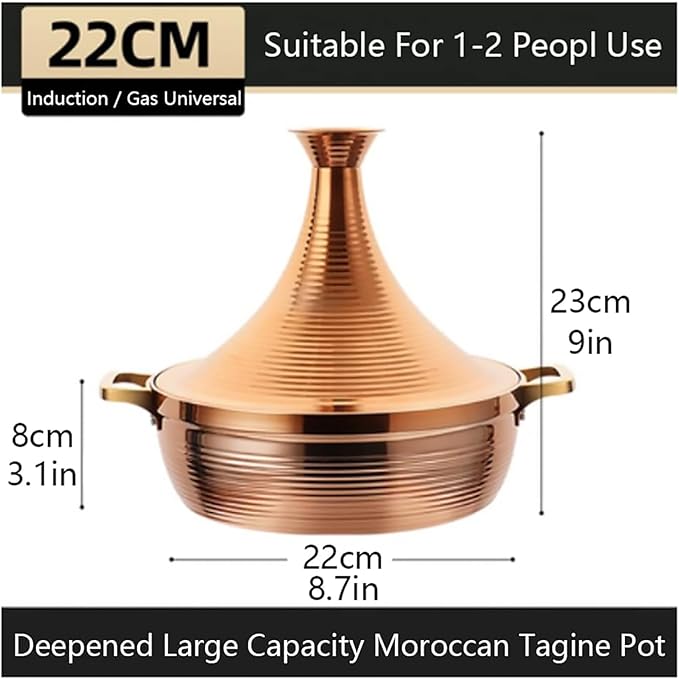 Moroccan Tagine Cooking Pot,Stainless Steel Non Stick Moroccan Casserole with 2 Handles,Large Moroccan Cooker Handmade Tagine Pot with Cone-Shaped Lid(22cm, Rose Gold)