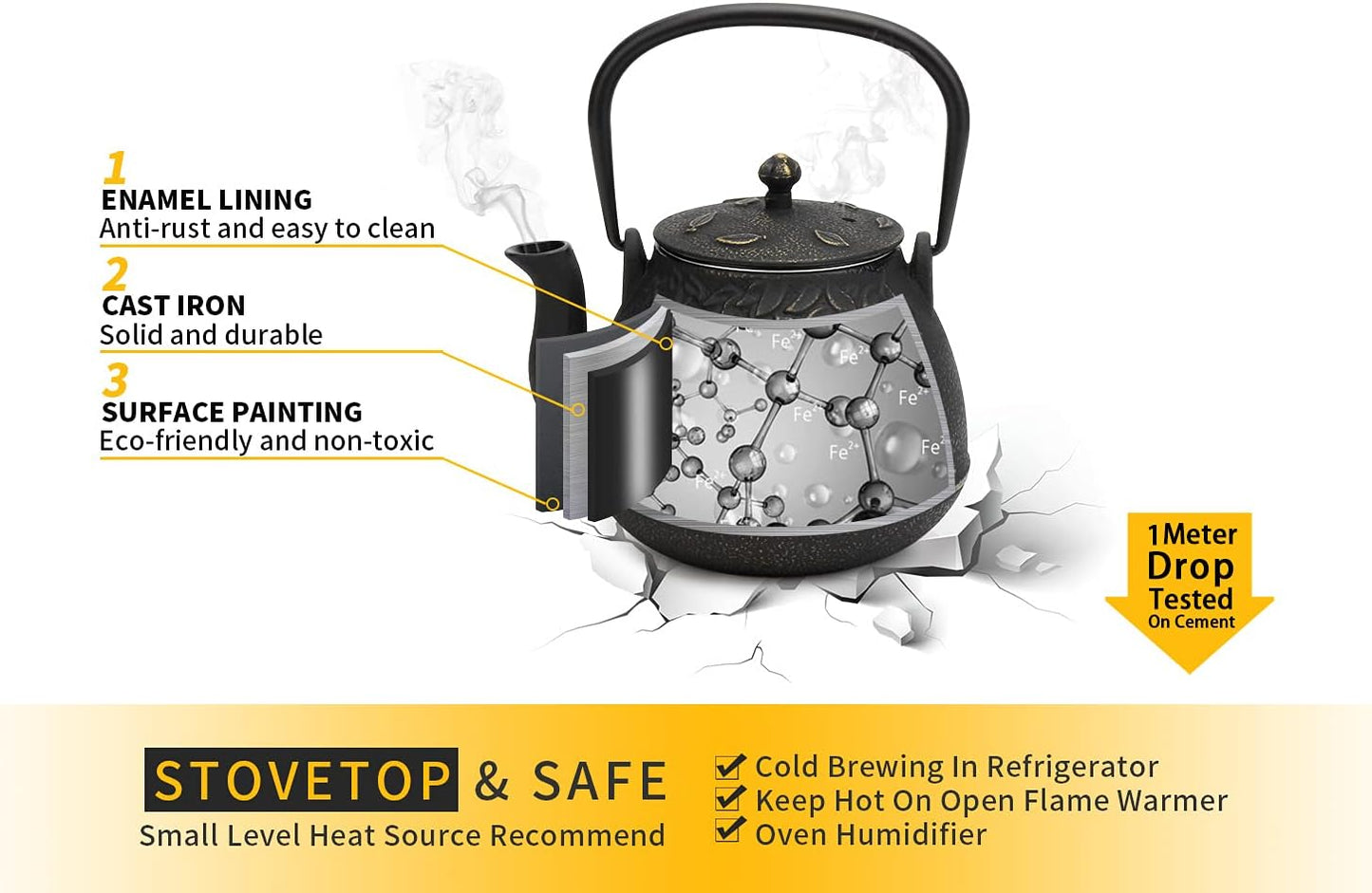 Tea Kettle, Toptier Japanese Cast Iron Tea Kettle for Stove Top, Stovetop Safe Cast Iron Teapot with Infusers for Loose Tea, 40 Ounce (1200 ml), Black