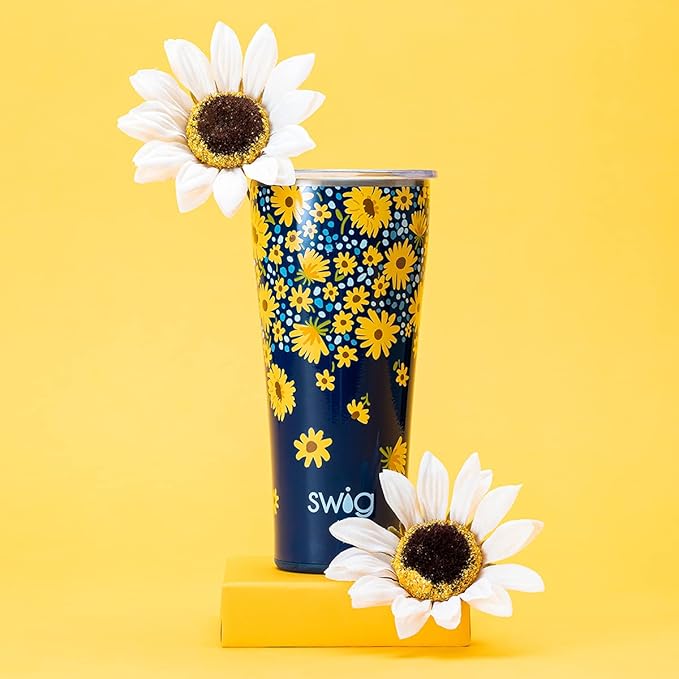 Swig Life 32oz Insulated Tumbler, Travel Coffee Tumbler with Lid, Cup Holder Friendly Travel Coffee Mug, Stainless Steel with Lid (Lazy Daisy)