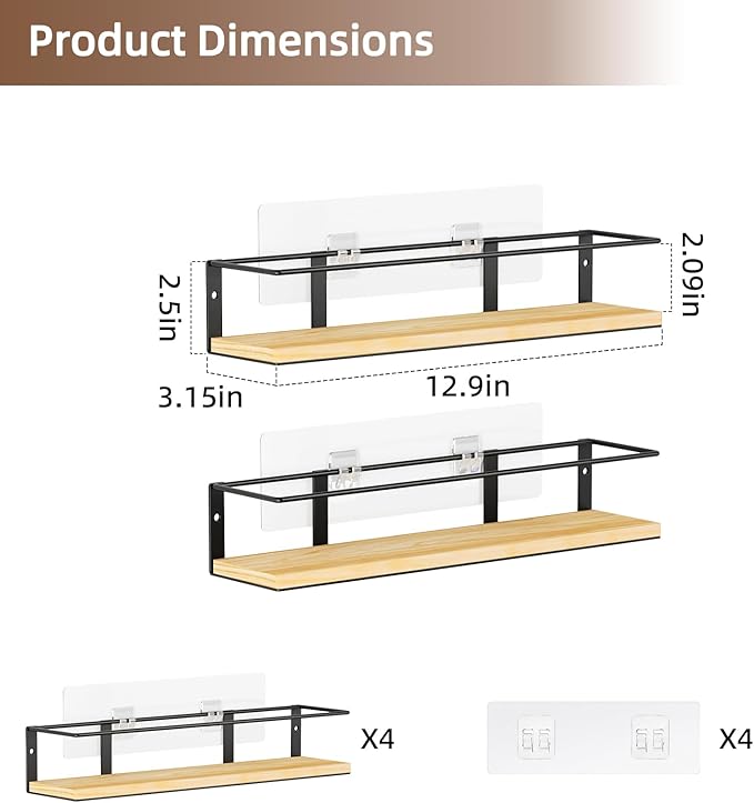 Spice Rack, Self-Adhesive or drilling, Rustic Style Hanging Spice Rack, Spice Organization for Cabinet Door or Wall Mount, Over The Stove, Kitchen Wall, 4-Pack, Wood Color
