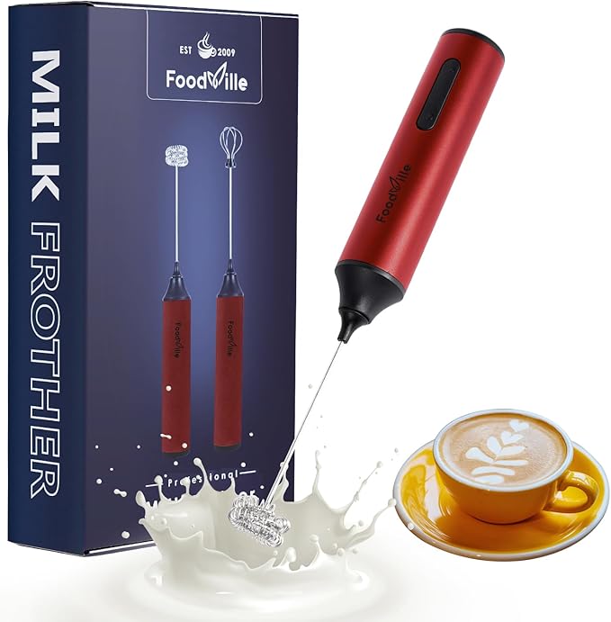 FoodVille MF05 Rechargeable Milk Frother USB Charging Handheld Foam Maker with Stainless Balloon Whisk for Cappuccino, Latte, Bulletproof Coffee, Keto Diet, Protein Powder, Matcha (Red)