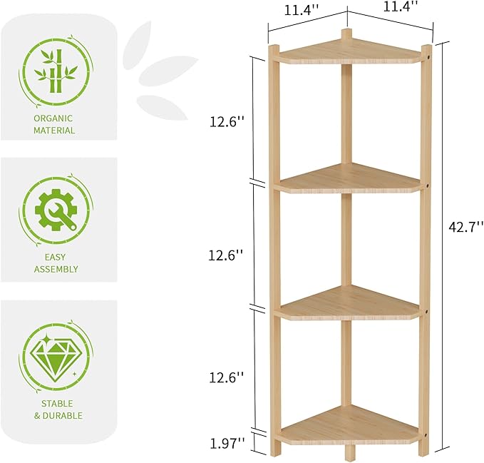 Wisuce Corner Shelf, 100% Real Bamboo Shower Corner Shelves Free Standing Shelf Storage Organizer for Bathroom Living Room Kitchen (Natural, 4 Tier)
