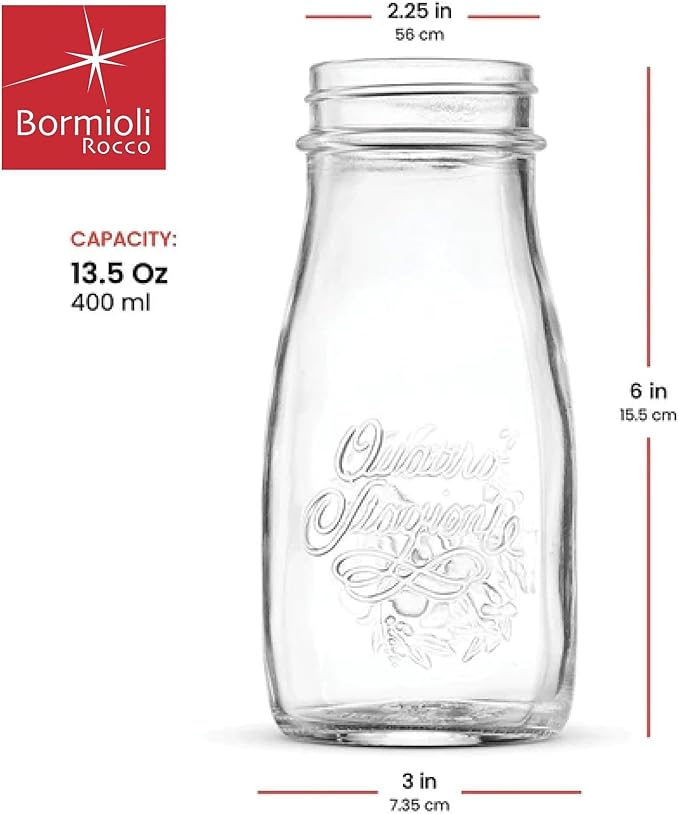 Bormioli Rocco Quattro Stagioni Bottles – 13.5 Oz. Glass Jars with Twist Lids, Microwave & Dishwasher Safe – For Canning, Cocktails, Gifts, Party Favors & Holiday Décor – Made in Italy (Set of 4)
