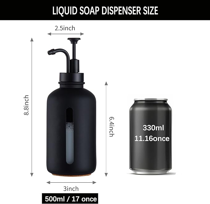 Enra Black Soap Dispenser with Window,17oz Glass Hand Soap Dispenser Stainless Steel Hand Pump,Liquid Soap Dispenser Countertop Lotion Bottle for Bathroom Kitchen(Black-Liquid 2)