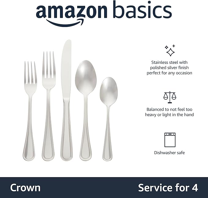 Amazon Basics Silverware Set, Stainless Steel Flatware, Dishwasher Safe, Service for 4, 20-Piece Forks and Spoons, Crown Edge, Everyday Use