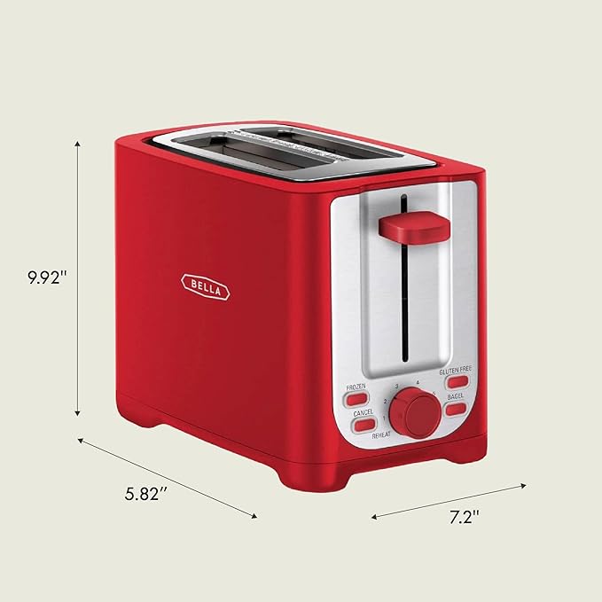 BELLA 2 Slice Toaster with Auto Shut Off - Extra Wide Slots & Removable Crumb Tray and Cancel, Defrost & Reheat Function - Toast Bread, Bagel & Waffle, Red