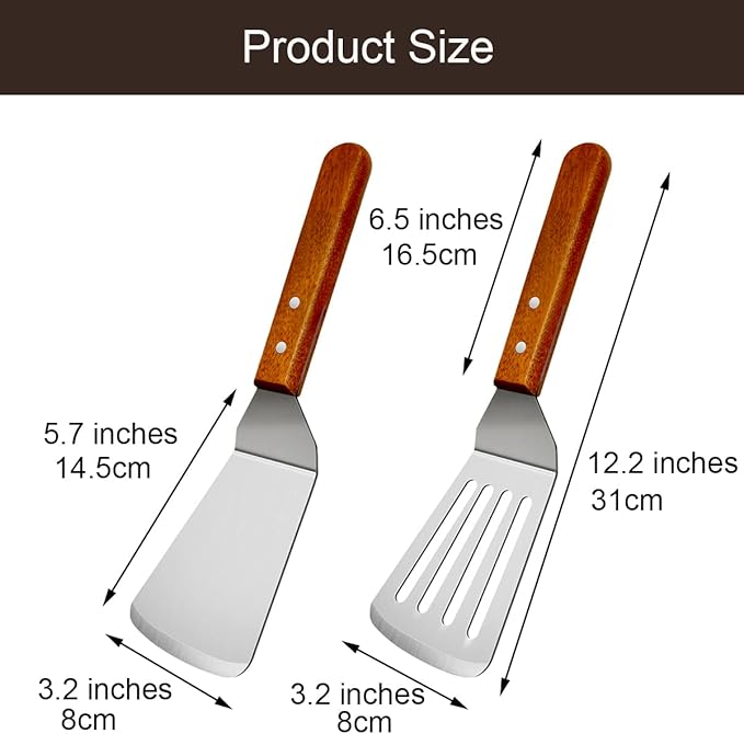 2Pcs Metal Spatulas Set, Metal Spatula for Cast Iron Skillet, Cooking Utensils Fish Egg Grill Spatula Stainless Steel Slotted Spatula, Wok Flat Top Small Metal Spatula Turner with Wood Handle