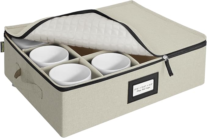 BALEINE China Storage Containers, Sturdy Quilted Wine Glass Storage, Plate Organizer with Carry Handles, Moving Boxes for Dishes, Cups, Mugs and Stemware (Mug, Hard Shell Cream)